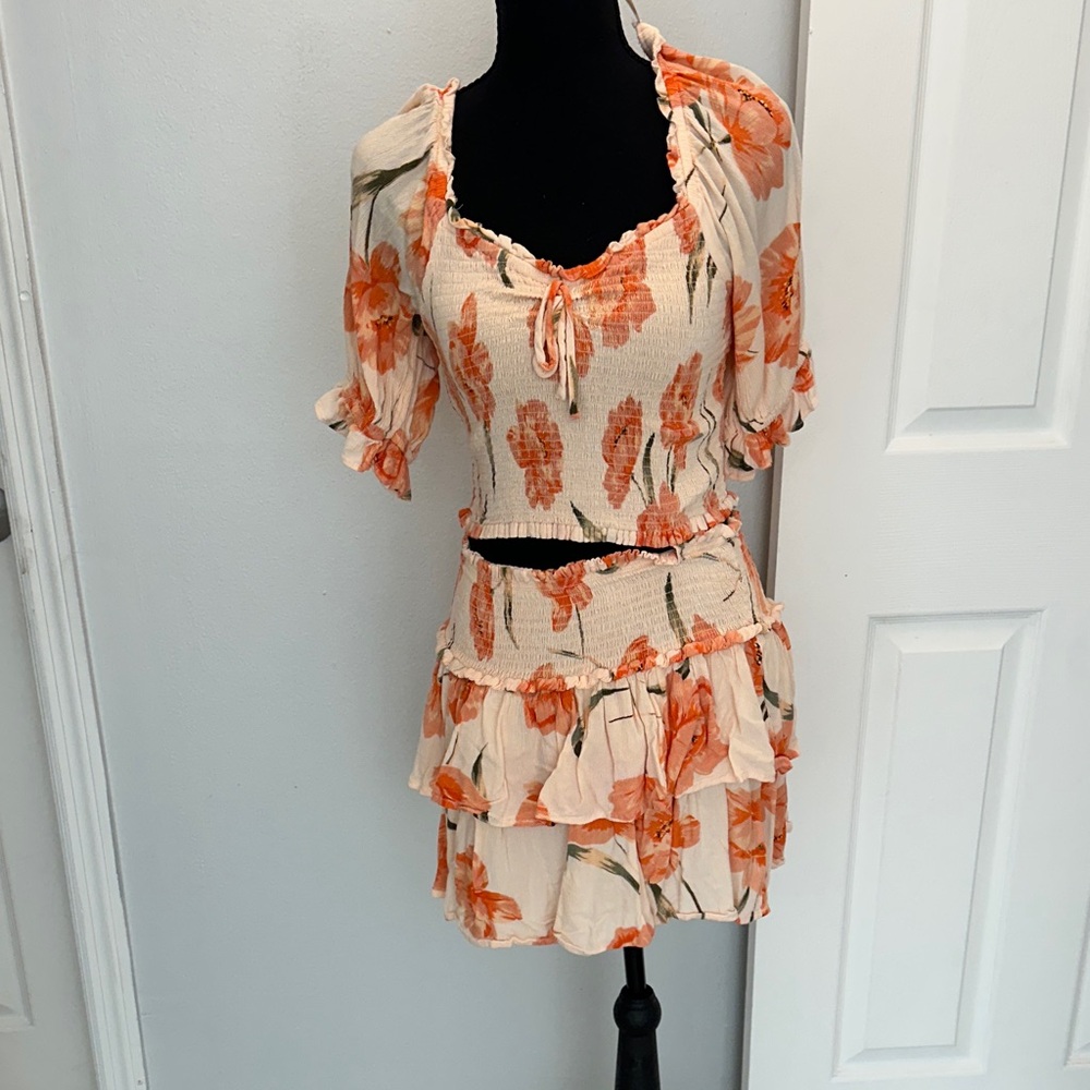 Floral Print Skirt Set - Cream and Orange